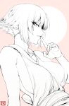  1girl bare_shoulders bleach breasts dress fang from_side highres j.k. large_breasts looking_at_viewer monochrome short_hair sideboob signature smile solo sui-feng tongue tongue_out upper_body 