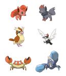  6+others bird crab crabrawler foxeaf full_body highres krabby multiple_others no_humans parody pidgey pikipek pokemon pokemon_(creature) retro_artstyle simple_background source_request style_parody sugimori_ken_(style) vulpix white_background zorua 