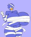  anthro avian bird blue_body breasts busty_bird cleavage clothed clothing eyelashes female hi_res hyper monhuter10 mummy mummy_costume navel nude peak portrait purple_background raised_arm red_eyes simple_background solo thick_thighs three-quarter_portrait undead under_boob wide_hips 