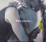  1boy 1girl aerith_gainsborough arms_around_back arms_around_neck bare_shoulders braid braided_ponytail brilcrist closed_eyes cloud_strife final_fantasy final_fantasy_vii final_fantasy_vii_remake flower grey_background hair_ribbon holding holding_flower hug instagram_username jacket long_hair ribbon shirt short_hair short_sleeves sleeveless sleeveless_shirt spot_color tumblr_username twitter_username upper_body yellow_flower 