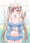  1girl animal_ears bangs bare_shoulders blue_bra blue_cardigan blue_ribbon blurry blurry_background blush bra breasts brown_eyes bush cardigan cat_ears cat_girl cleavage collarbone cowboy_shot cup fog hair_ornament hair_ribbon hairclip hamico highres holding holding_cup indoors light_brown_hair long_sleeves loungewear mug navel open_cardigan open_clothes open_mouth original ribbon shiny shiny_hair short_shorts shorts small_breasts solo standing swept_bangs twintails underwear window 