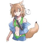  1girl ? animal_ear_fluff animal_ears arknights bangs bare_shoulders bikini bikini_under_clothes braid breasts brown_hair collarbone ear_piercing green_bikini hair_between_eyes hand_up inu_to_milk jacket navel notched_ear o-ring o-ring_bikini o-ring_top off_shoulder open_clothes open_jacket piercing prosthesis prosthetic_arm red_eyes see-through simple_background small_breasts solo spoken_question_mark swimsuit tail vermeil_(arknights) white_background 