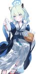  1girl absurdres animal_ears bangs blue_archive blue_eyes blue_hair blue_nails blush bottle bucket hair_between_eyes halo haori highres holding holding_bottle holding_bucket invisible_chair japanese_clothes kimono obi parted_lips sandals sash shigure_(blue_archive) shigure_(hot_spring)_(blue_archive) simple_background sitting solo tiko_(idadsa91) white_background white_kimono wooden_bucket 
