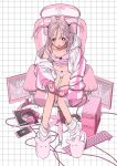  1girl absurdres cable candy chair computer controller food full_body game_controller gaming_chair headphones highres jacket keyboard_(computer) lollipop looking_at_viewer loose_socks medium_hair monitor multiple_monitors open_clothes open_jacket open_mouth original panties phone pink_eyes pink_hair pink_shirt shirt sitting socks solo tablet_pc two_side_up underwear wata_kinoshi 