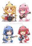  4girls animal_costume bangs bass_guitar blonde_hair blue_eyes blue_hair blush bocchi_the_rock! chibi cosplay cube_hair_ornament dragon_costume drum drum_set electric_guitar full_body gibson_les_paul gotou_hitori green_eyes guitar hair_between_eyes hair_ornament holding holding_instrument ijichi_nijika instrument kigurumi kita_ikuyo long_hair long_sleeves looking_at_viewer mole mole_under_eye multiple_girls music one_side_up open_mouth pink_hair playing_instrument red_hair short_hair side_ponytail sidelocks simelu simple_background smile white_background yamada_ryou yellow_eyes 