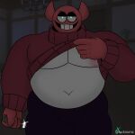  1:1 belly bob_velseb clothing darkness demon glowing glowing_eyes grin hi_res humanoid knife lucknomz male overweight overweight_male pecs smile solo spooky_month sweater topwear weapon 