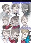  1boy ascot black-framed_eyewear blonde_hair blue_eyes closed_mouth expressions facial_hair fate/grand_order fate/grand_order_arcade fate_(series) glasses grey_hair highres honjou_raita james_moriarty_(archer)_(fate) looking_at_viewer male_focus multiple_views mustache old old_man open_mouth purple_sweater red_ascot shirt sleeping sweater wet wet_hair white_shirt wide-eyed 