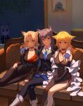  4girls arknights arm_around_neck bare_shoulders bkub_(style) black_dress black_gloves black_hair black_pantyhose black_vest blonde_hair blue_eyes blue_gloves blue_shorts boots breasts character_request cleavage closed_mouth collared_shirt commentary_request couch covered_navel dhsl doctor_(arknights) dress elbow_gloves fingerless_gloves forehead gloves green_eyes grey_hair highres indoors lappland_(arknights) lappland_(refined_horrormare)_(arknights) legwear_under_shorts long_hair long_sleeves medium_breasts multiple_girls on_couch pantyhose poptepipic red_eyes see-through shirt short_shorts shorts smile sora_(arknights) sora_(melodiosa)_(arknights) texas_(arknights) texas_the_omertosa_(arknights) very_long_hair vest white_footwear white_shirt window 