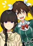  2girls bangs black_gloves black_hair blunt_bangs bow bowtie braid brown_hair commentary_request gloves green_shirt hair_between_eyes hair_ribbon highres kantai_collection katsuobushi_(eba_games) kitakami_(kancolle) kitakami_kai_ni_(kancolle) long_hair looking_at_viewer military military_uniform multiple_girls purple_eyes red_bow red_bowtie ribbon school_uniform serafuku shirt sidelocks single_glove smile tone_(kancolle) tone_kai_ni_(kancolle) tress_ribbon twintails uniform upper_body white_ribbon yellow_serafuku 