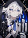  1boy androgynous black_hoodie blue_fire braid candle candlestand fire gloves grey_eyes highres hood hoodie long_hair looking_at_viewer male_focus namiki_itsuki original otoko_no_ko parted_lips solo teeth white_hair 