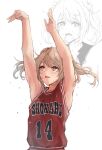  1girl alternate_costume arms_up basketball_uniform blush brown_eyes clothes_writing cosplay double_bun hair_bun k_jie kantai_collection light_brown_hair medium_hair michishio_(kancolle) mitsui_hisashi mitsui_hisashi_(cosplay) multiple_views name_connection open_mouth simple_background slam_dunk_(series) sportswear twintails uniform upper_body white_background 