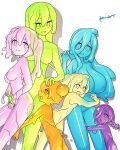  6+girls :d :o akira_(meltyhip) blue_eyes blue_hair blue_sclera blue_skin braid breasts closed_mouth colored_sclera colored_skin commission flat_chest green_eyes green_hair green_sclera green_skin highres hug hug_from_behind huge_breasts long_hair medium_breasts monster_girl multiple_girls orange_eyes orange_hair orange_sclera orange_skin original pink_hair pink_sclera pink_skin purple_eyes purple_hair purple_sclera purple_skin signature skeb_commission slime_girl small_breasts smile 
