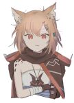 1girl animal_ear_fluff animal_ears arknights bandaged_arm bandages bangs bare_shoulders black_cape brown_hair cape closed_mouth cropped_torso crossed_arms ear_piercing fang fang_out hair_between_eyes hair_ornament hairclip hood hood_down hooded_cape inu_to_milk looking_at_viewer notched_ear piercing prosthesis prosthetic_arm red_eyes shirt simple_background solo upper_body vermeil_(arknights) white_background white_shirt 