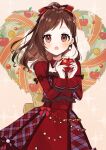  1girl 6crcg :o antenna_hair apple blush bow brown_hair candle christmas_ornaments detached_collar dress food fruit hair_bow highres holding holding_candle idolmaster idolmaster_cinderella_girls long_hair looking_at_viewer ponytail red_dress solo tsujino_akari 