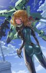  1girl ass bangs black_gloves blonde_hair blue_eyes bodysuit breasts cloud covered_nipples expressionless f-22a_raptor_(muvluv) flying fortified_suit gloves green_bodysuit green_eyes gun hair_behind_ear hair_ribbon highres holding holding_gun holding_weapon kurione_(zassou) looking_at_viewer looking_back looking_up mecha medium_breasts medium_hair muvluv muvluv_alternative open_hand original pilot_suit red_ribbon ribbon robot skin_tight sky tactical_surface_fighter weapon 