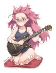  1girl blue_eyes blue_one-piece_swimsuit bocchi_the_rock! breasts cube_hair_ornament electric_guitar full_body gibson_les_paul gotou_hitori guitar hair_ornament highres holding holding_instrument instrument large_breasts long_hair music one-piece_swimsuit one_side_up open_mouth pillow pink_hair playing_instrument school_swimsuit simelu simple_background sitting solo swimsuit white_background 