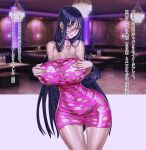  1girl ass_visible_through_thighs blue_hair blush breasts choker closed_mouth contrapposto covering_nipples dress embarrassed hair_between_eyes highres honjou_raita huge_breasts jewelry long_hair looking_at_viewer mahou_shoujo_(raita) necklace pink_dress pointy_breasts purple_choker purple_eyes revealing_clothes short_dress solo suzuhara_misae sweat thigh_gap very_long_hair 
