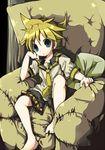  1boy armchair barefoot blonde_hair blue_eyes boy chair cushion kagamine_len male male_focus sitting solo vocaloid 