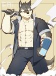  2018 abs anthro cai canine clothing fur hi_res male mammal melee_weapon muscular muscular_male pecs solo sword weapon 