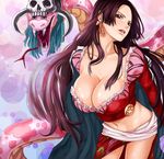  areola_slip areolae bad_id bent_over black_hair boa_hancock breasts brown_eyes cleavage earrings huge_breasts jewelry large_breasts leaning_forward long_hair midriff navel nipple nipple_slip nipples numeri_(pixiv) one_piece salome_(one_piece) scales skull snake standing 