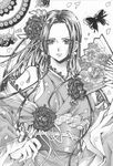  1girl bare_shoulders beads boa_hancock earrings fan female flower folding_fan hand_on_hip highres hips japanese_clothes jewelry kimono lace long_hair looking_at_viewer monochrome one_piece rose solo 