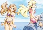  2girls bare_shoulders beach bikini blonde_hair blue_eyes brown_hair earrings hair_ornament holey_clothes jewelry long_hair looking_back mario_(series) midriff multiple_girls nintendo ocean open_mouth pointy_ears princess princess_peach princess_zelda rock sea sitting sky strapless strapless_bikini strapless_swimsuit super_mario super_mario_bros. super_smash_bros. swimsuit the_legend_of_zelda the_legend_of_zelda:_twilight_princess twilight_princess water 