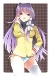  bad_id bad_pixiv_id clannad fujibayashi_kyou highres kakei long_hair no_nose no_pants panties purple_eyes purple_hair school_uniform solo striped striped_panties thighhighs underwear 