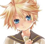  1boy androgynous blonde_hair blue_eyes boy face hekicha kagamine_len male male_focus open_mouth short_hair simple_background solo trap vocaloid white_background 