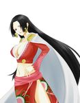  amazon amazon_lily black_hair boa_hancock breasts cape cleavage earrings epaulettes female highres jewelry long_hair midriff navel one_piece shichibukai simple_background solo white_background 