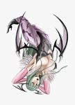  armpits arms_up breasts capcom cleavage darkstalkers elbow_gloves erect_nipples female full_body gloves green_eyes green_hair head_wings headwings high_heels highres leotard long_hair morrigan_aensland open_mouth pantyhose shibusun shoes simple_background solo vampire_(game) white_background wings 