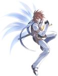  1boy adult artist_request bodysuit brown_hair cape fingerless_gloves full_body gloves kratos_aurion looking_back male male_focus red_eyes shoes short_hair simple_background solo spiked_hair spoilers sword tales_of_(series) tales_of_symphonia weapon wings 