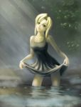  aya_brea bare_shoulders black_dress blonde_hair breasts dress female green_eyes long_hair nature outdoors parasite_eve skirt skirt_lift solo water winrei 