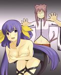  2girls animal_ears arc_system_works bare_shoulders blazblue breasts cat_ears cat_tail cleavage coo_(pixiv464381) crossed_arms dizzy female glasses grin guilty_gear kokonoe labcoat long_hair masa_kanagi midriff multiple_girls multiple_tails open_mouth pink_hair purple_eyes purple_hair ribbon smile tail yellow_ribbon you_gonna_get_raped 