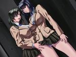  2girls blue_hair breasts escalation escalation_hardcore green_hair huziwara_noriko inoue_takuya kuribayashi_mayako multiple_girls school_uniform short_hair skirt skirt_lift yuri 