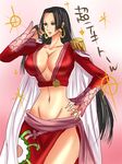  amazon_lily black_hair boa_hancock breasts cape cleavage earrings epaulettes female gradient gradient_background huge_breasts jewelry legs long_hair midriff navel one_piece resize resized side_slit solo thighs 