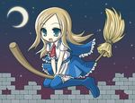  1girl broom brown_hair castlevania castlevania:_portrait_of_ruin charlotte_aulin crescent_moon flying happy long_hair miniskirt moon night open_mouth outdoors skirt smile solo thighhighs 
