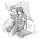  1boy adult animal artist_request belt bodysuit crossed_arms eyes_closed fingerless_gloves gloves hair_over_one_eye kratos_aurion lowres male male_focus monochrome noishe short_hair simple_background sitting sketch sleeping solo spiked_hair tales_of_(series) tales_of_symphonia tree 