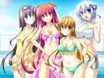  4girls artist_request bikini black_hair blue_eyes blush breasts brown_eyes brown_hair character_request cleavage multiple_girls pink_eyes red_hair silver_hair smile source_request swimsuit 
