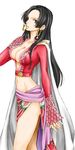  amazon_lily black_hair boa_hancock breasts cape cleavage earrings female highres jewelry long_hair midriff navel one_piece shichibukai solo white_background 