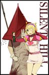  bad_id bad_pixiv_id belt blonde_hair blush bosugodorakakoyosu cellphone choker crossover gloves green_eyes headphones heather_mason one_eye_closed open_mouth phone polearm princess_heart pyramid_head robe short_hair silent_hill silent_hill_2 silent_hill_3 skirt spear tadataka v weapon 