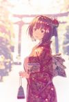  1girl akizuki_(kantai_collection) alternate_costume flower from_side furisode hair_flower hair_ornament hairband hand_on_own_chest hatsumoude head_tilt highres japanese_clothes kantai_collection key_kun kimono looking_at_viewer new_year red_kimono smile solo torii upper_body 