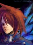  1boy artist_request brown_eyes brown_hair hair_over_one_eye kratos_aurion lowres male male_focus oekaki orange_eyes red_eyes red_hair short_hair solo spiked_hair spoilers tales_of_(series) tales_of_symphonia text wings 