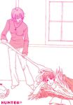  book cleaning cross hunter_x_hunter kuroro_lucifer shizuku_(hunter_x_hunter) vacuum_cleaner window 