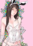  animal_ears brown_hair bunny_ears bunny_girl bunny_suit lingerie pubic_hair see-through stained_glass white 