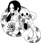 1girl amazon black_hair boa_hancock breasts china_dress chinese_clothes cleavage dress earrings female jewelry jolly_roger long_hair monochrome one_piece pirate print_dress salome_(one_piece) shichibukai simple_background skull snake solo 