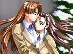  2girls brown_hair escalation escalation_hardcore hug inoue_takuya long_hair multiple_girls ogasawara_kaoru red_hair school_uniform snow tatsuki_haruka winter yuri 