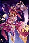  bow brown_eyes brown_hair city hat midriff night pointy_ears ribbon scythe thighhighs weapon witch witch_hat 