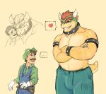  2022 anthro bowser bracel brown_hair clothed clothing collar crossed_arms digital_media_(artwork) duo embrace eye_contact facial_hair grin hair hat headgear headwear hi_res horn hug hugging_from_behind human koopa looking_at_another luigi male male/male mammal mario_bros mniampyra muscular muscular_male mustache nintendo partially_clothed pecs red_hair scalie simple_background smile speech_bubble tongue tongue_out topless video_games 
