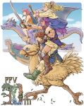  2boys 3girls beard bird blonde_hair blue_dress blue_eyes blue_tunic boots bracer breasts brown_hair butz_klauser chocobo dragon dress facial_hair facing_to_the_side faris_scherwiz final_fantasy final_fantasy_v full_body galuf_halm_baldesion grey_hair hair_ribbon halo headband highres holding holding_staff holding_sword holding_weapon kagelow krile_mayer_baldesion lenna_charlotte_tycoon long_sleeves medium_breasts medium_hair multiple_boys multiple_girls muscular mustache open_mouth orange_dress pants pink_hair pink_ribbon ponytail purple_hair reins ribbon riding_animal shirt short_hair sleeveless sleeveless_shirt spiked_hair staff sword talons wavy_hair weapon yellow_pants 