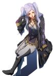  1girl aduti_momoyama black_coat black_footwear black_gloves boots breasts cleavage coat fire_emblem fire_emblem_awakening gloves grey_gloves grey_pants hand_up highres light_purple_hair long_hair long_sleeves medium_breasts open_clothes open_coat open_mouth pants robin_(fire_emblem) robin_(fire_emblem)_(female) simple_background sitting solo teeth twintails two-tone_gloves upper_teeth white_background yellow_eyes 